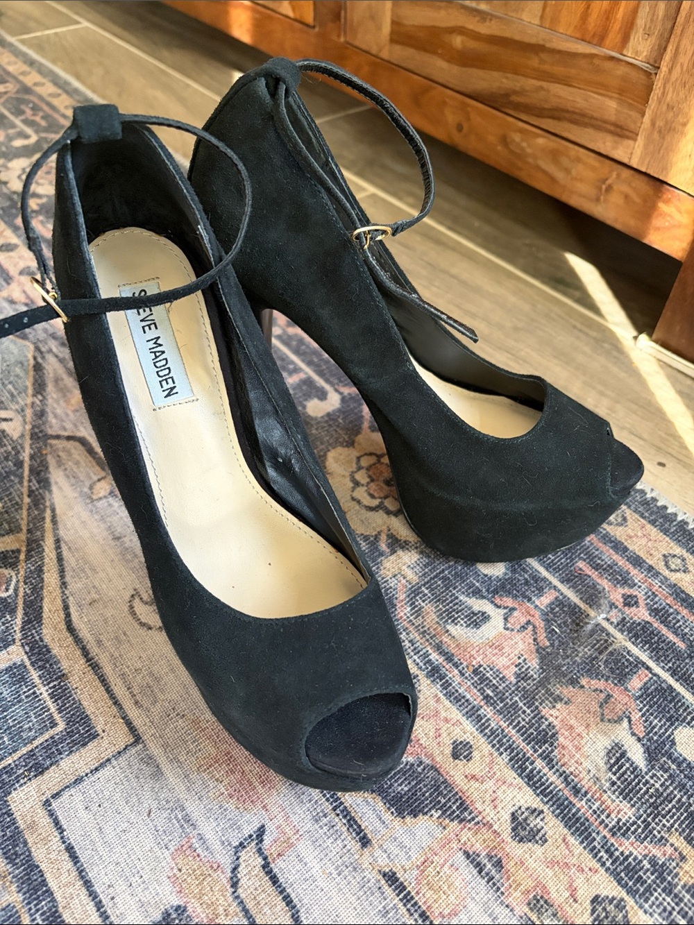 Steve Madden Black Suede Peep-Toe Platform Pumps with Ankle Strap